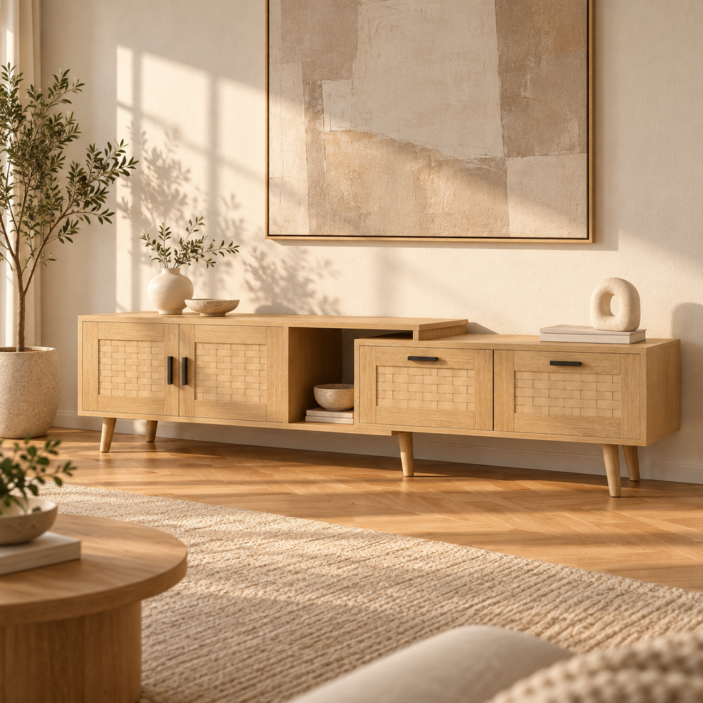 Meuble TV Noren extensible dans un salon moderne et naturel