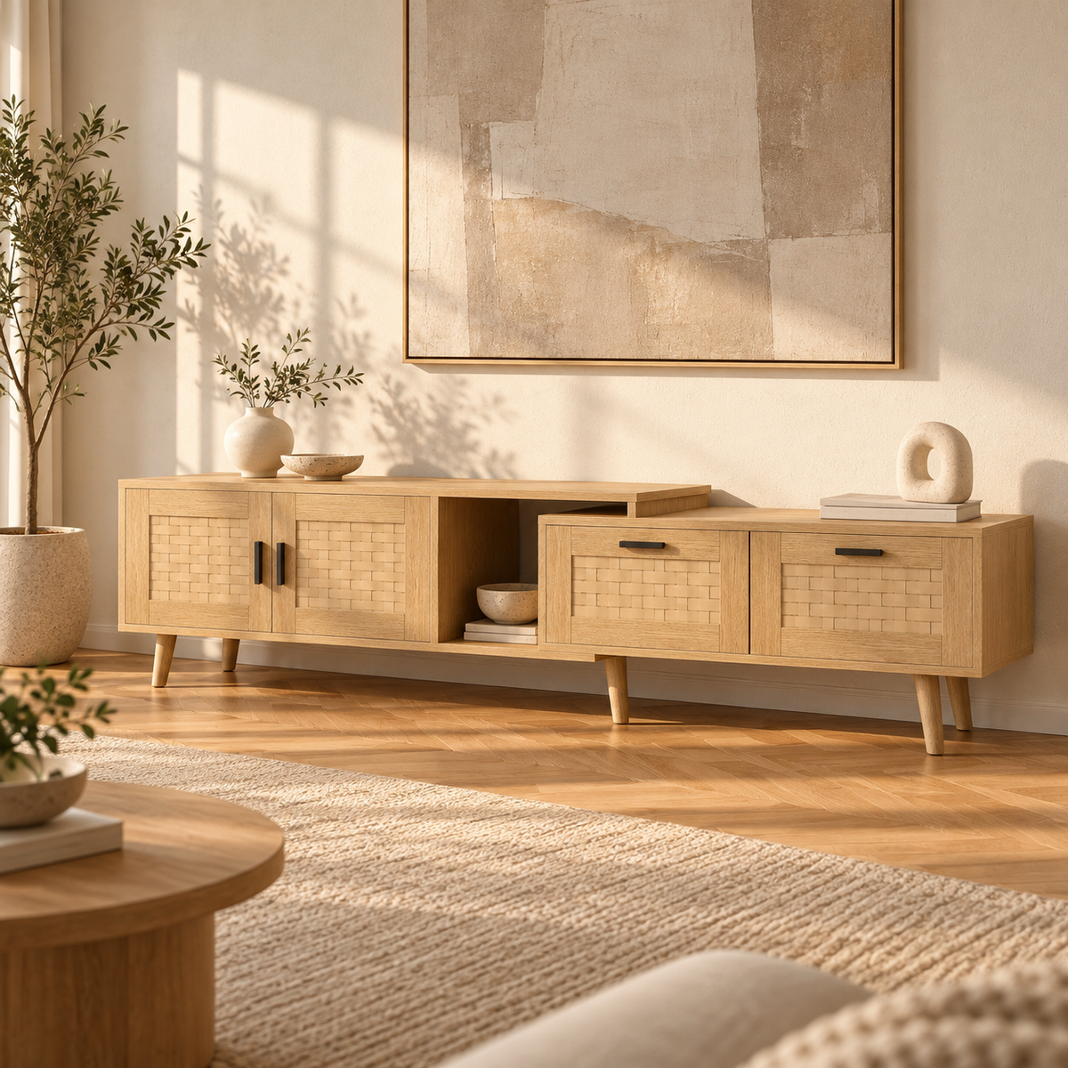 Meuble TV Noren extensible dans un salon moderne et naturel