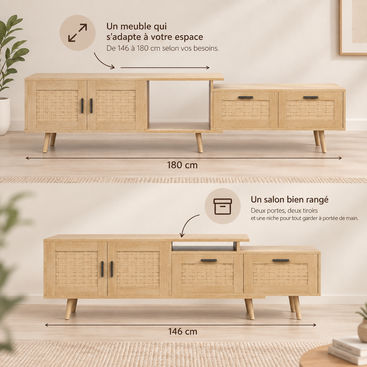 Meuble TV Noren extensible vu de trois quarts