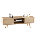 Meuble TV Ralen 140 cm en bois naturel clair et rotin sur fond blanc
