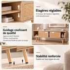 Détail du rotin et de la finition bois naturel du meuble TV Ralen