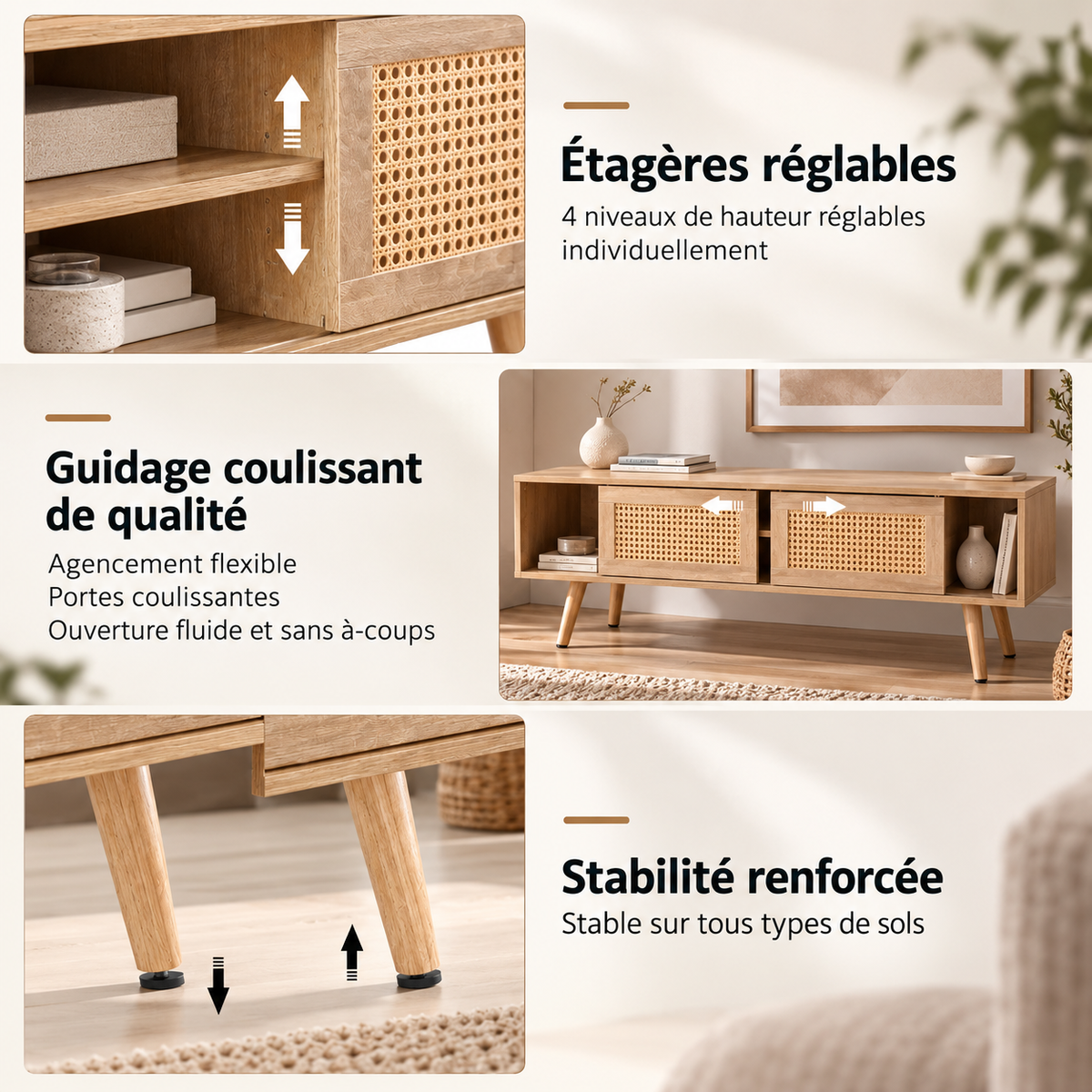 Détail du rotin et de la finition bois naturel du meuble TV Ralen