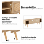 Détail du rotin et de la finition bois naturel du meuble TV Ralen