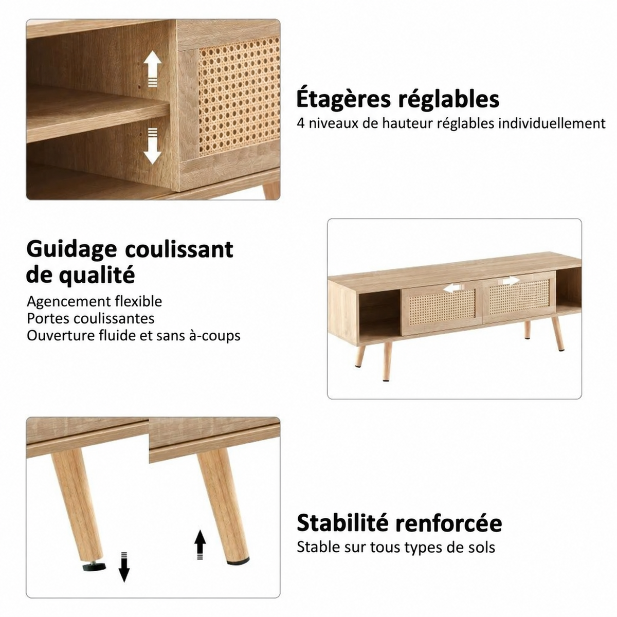 Détail du rotin et de la finition bois naturel du meuble TV Ralen