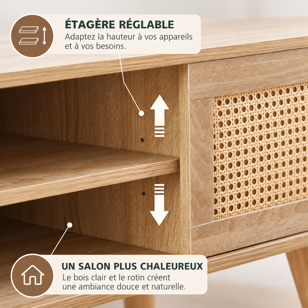 Meuble TV Ralen avec portes coulissantes montrant les espaces de rangement