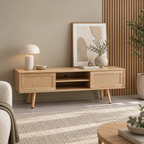 Meuble TV Ralen avec portes coulissantes illustrant un rangement modulable et accessible