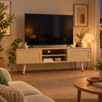 Meuble TV Ralen dans un salon chaleureux mettant en valeur le bois clair et le rotin naturel