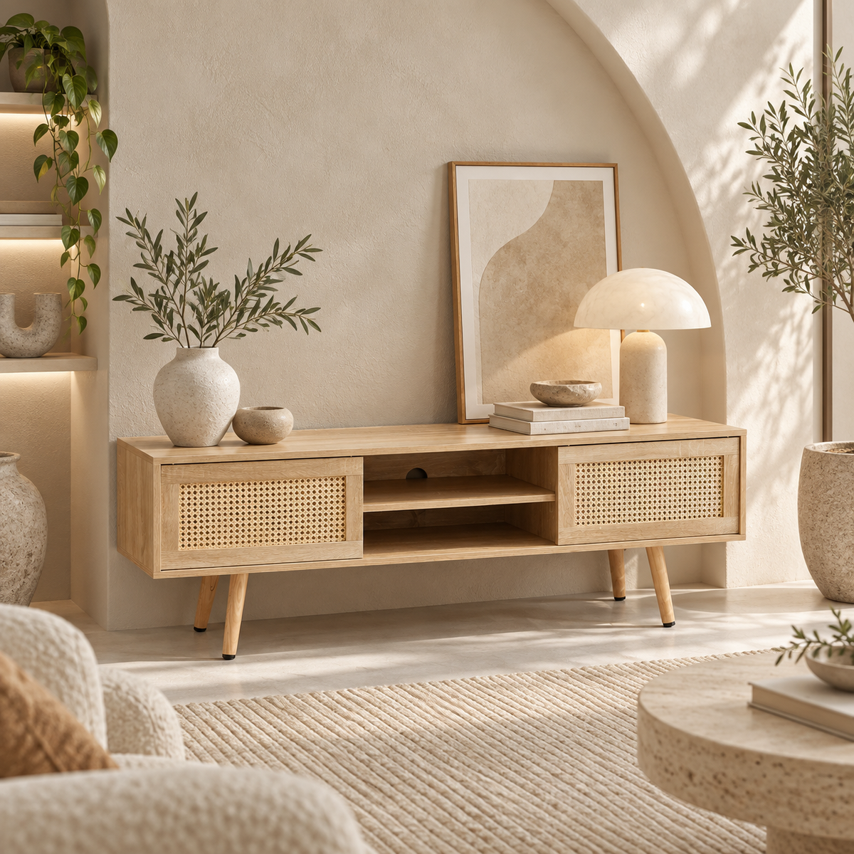 Meuble TV Ralen en rotin naturel dans un salon lumineux avec vue frontale