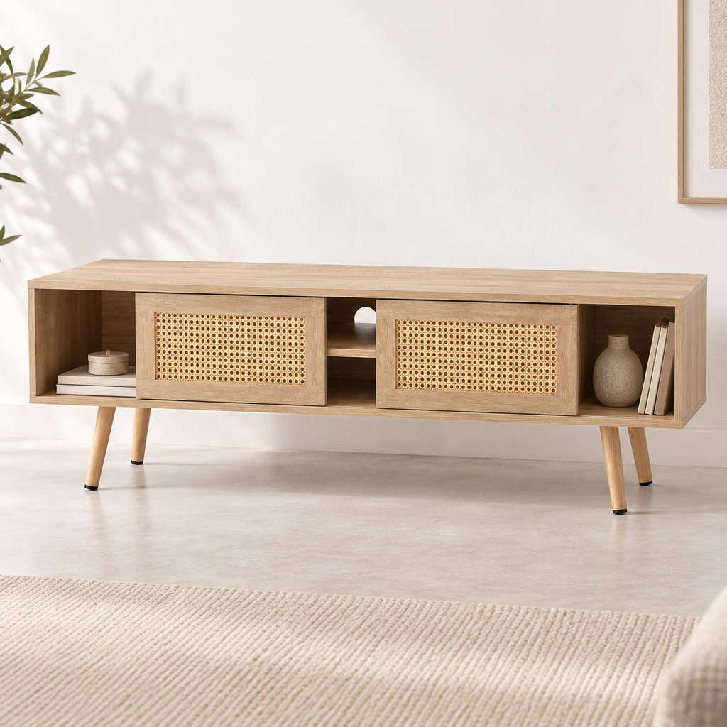Meuble TV Ralen 140 cm vu en trois quarts avec portes coulissantes en rotin