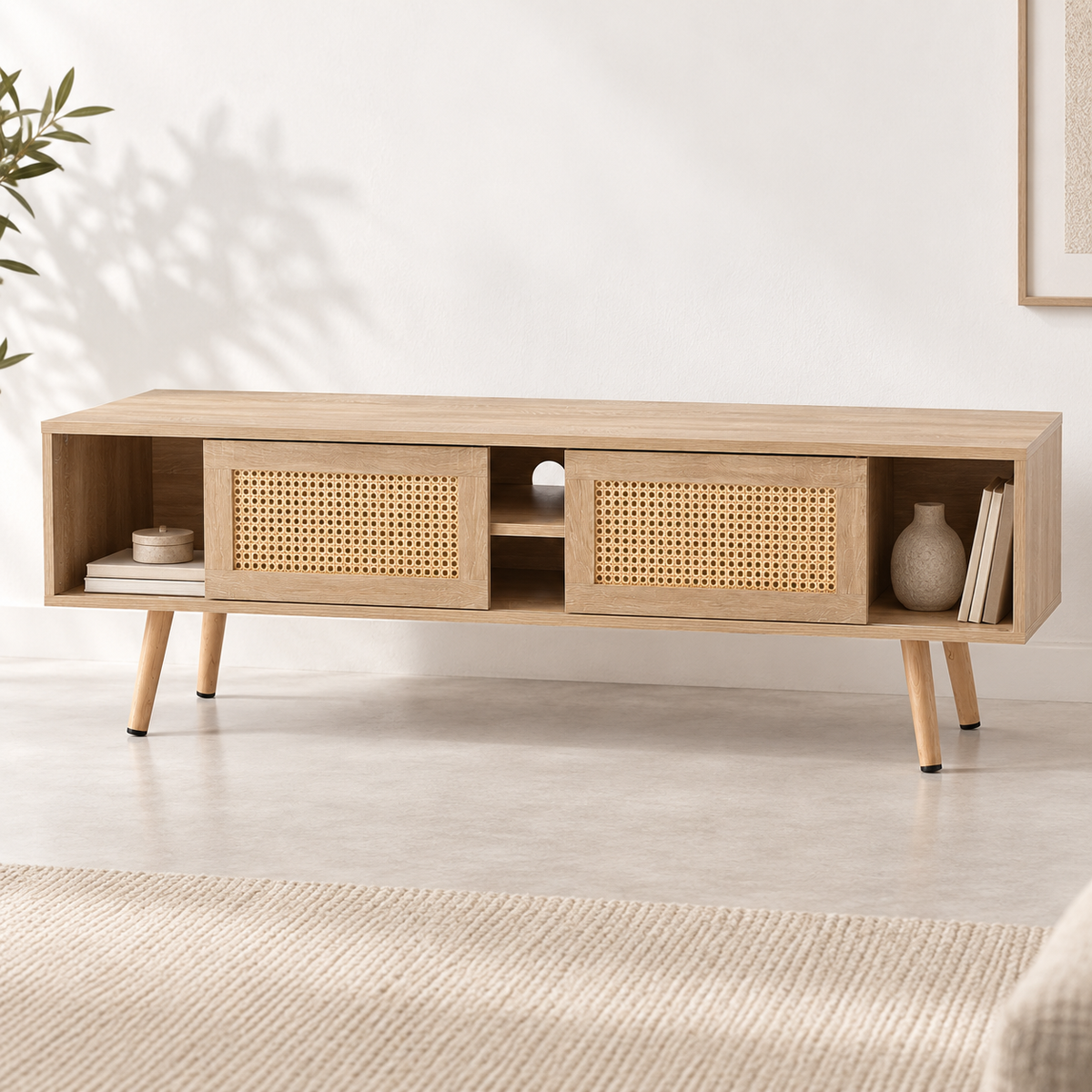 Meuble TV Ralen 140 cm vu en trois quarts avec portes coulissantes en rotin