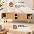 Meuble TV Ralen 140 cm vu en trois quarts avec portes coulissantes en rotin