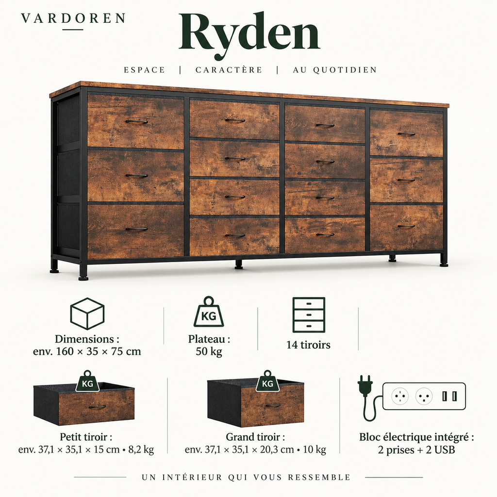 Dimensions et caractéristiques du meuble Commode TV Ryden 160 cm
