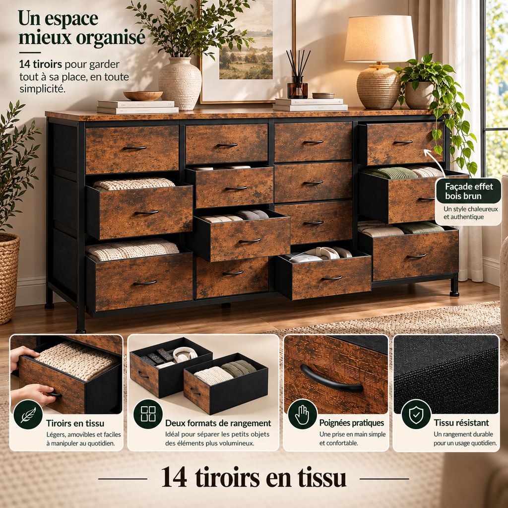 Deux formats de tiroirs en tissu du meuble TV Ryden ouverts et organisés