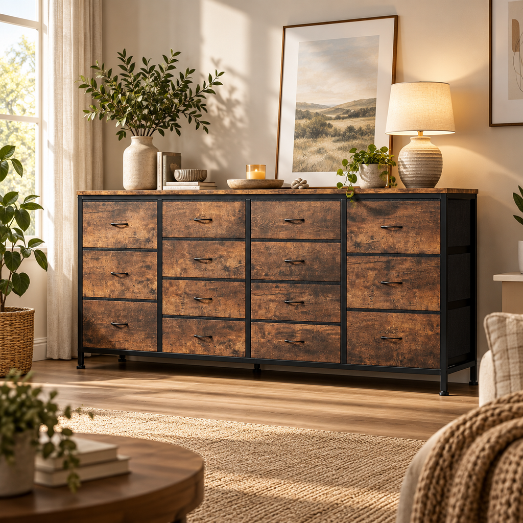 Meuble Commode TV Ryden avec 14 tiroirs dans un salon organisé