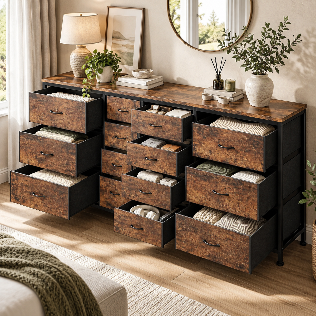 Meuble Commode TV Ryden avec tiroirs en tissu ouverts et rangements organisés