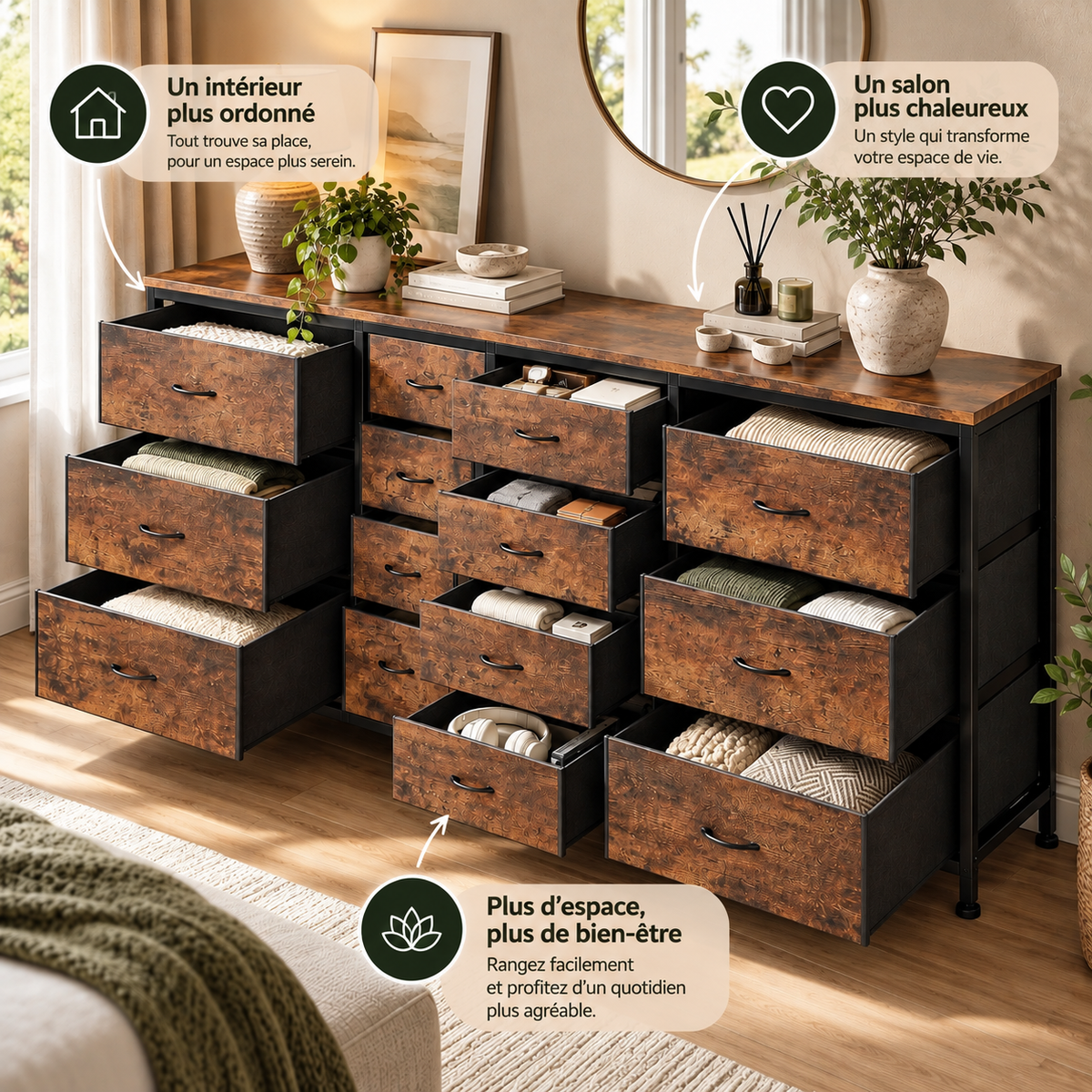 Meuble Commode TV Ryden avec tiroirs en tissu ouverts et rangements organisés