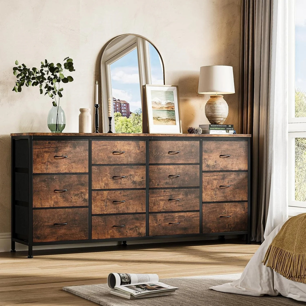 Détail des tiroirs en tissu amovibles du meuble Commode TV Ryden
