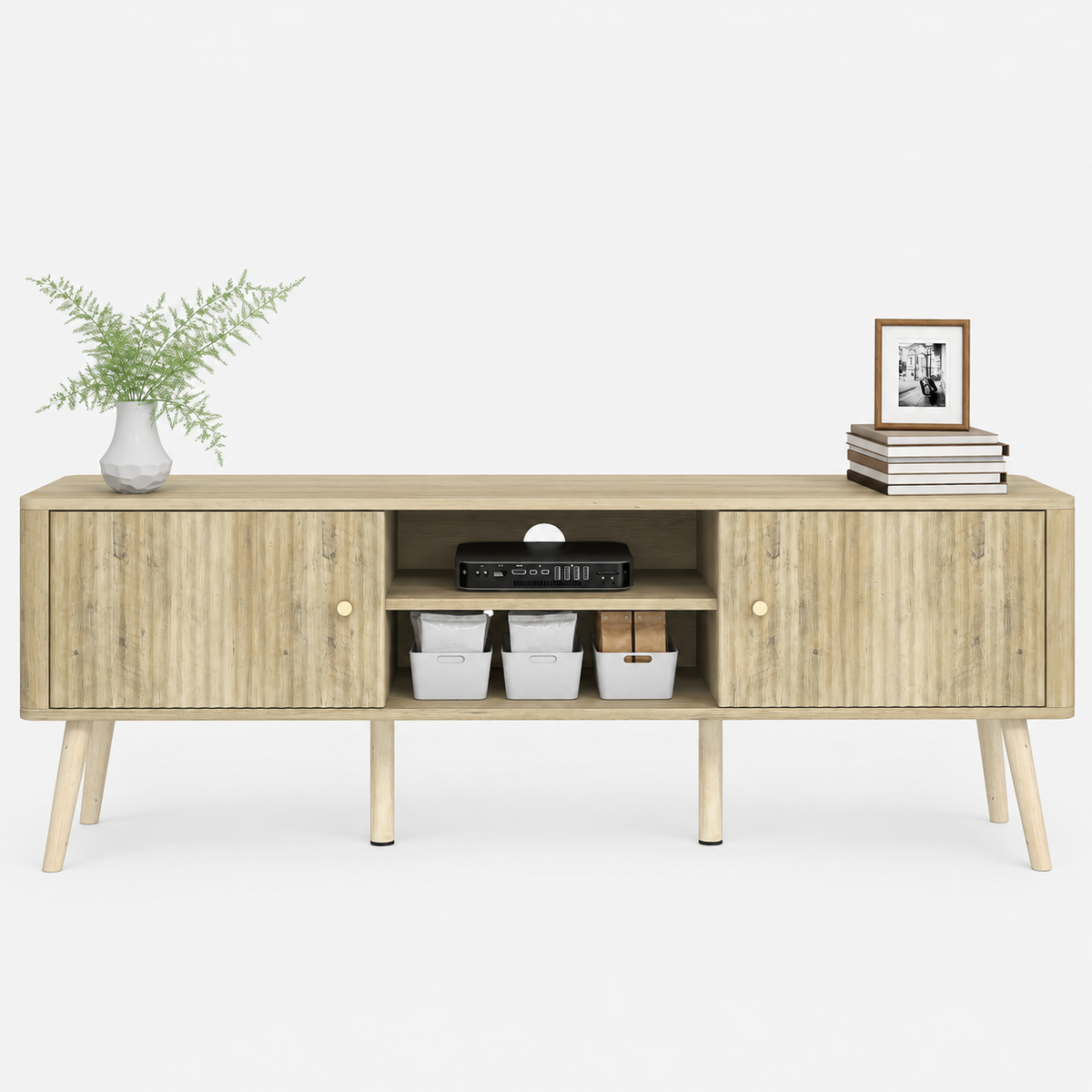 Meuble TV Solen 140 cm chêne clair sur fond blanc
