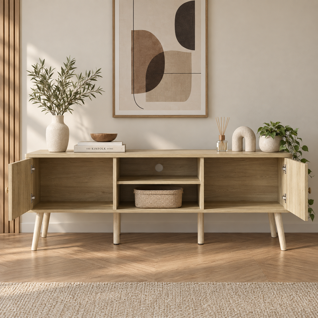 Rangements ouverts du meuble TV Solen pour appareils et objets