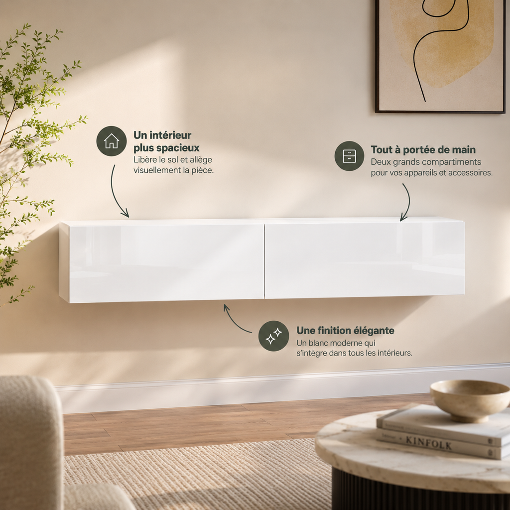 Meuble TV suspendu Lysen 140 cm blanc