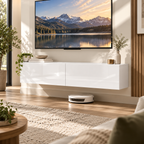 Meuble TV suspendu Lysen 140 cm blanc – 2 rangements à abattant