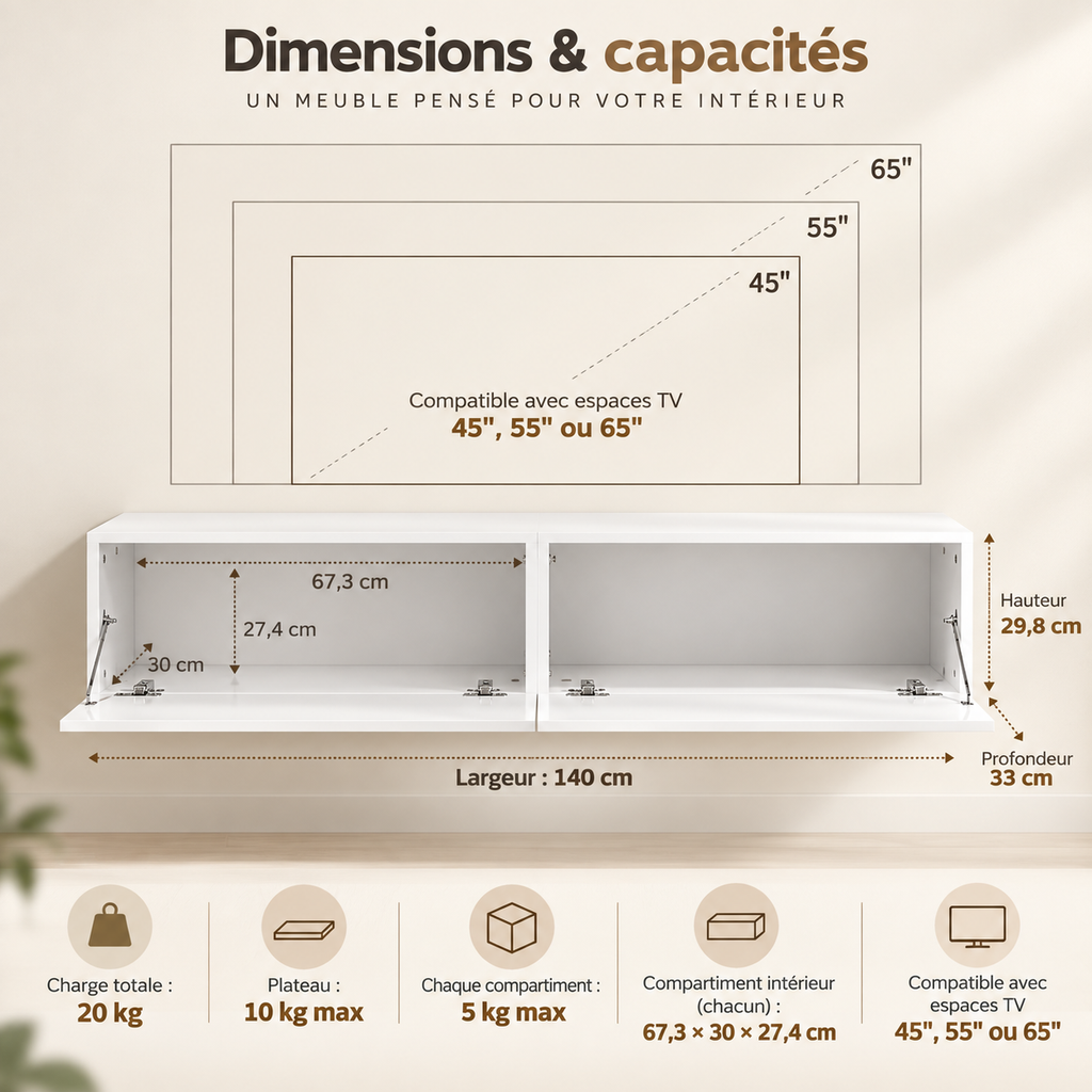 Meuble TV suspendu Lysen 140 cm blanc – 2 rangements à abattant