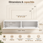 Meuble TV suspendu Lysen 140 cm blanc – 2 rangements à abattant