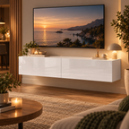 Meuble TV suspendu Lysen 140 cm blanc – 2 rangements à abattant