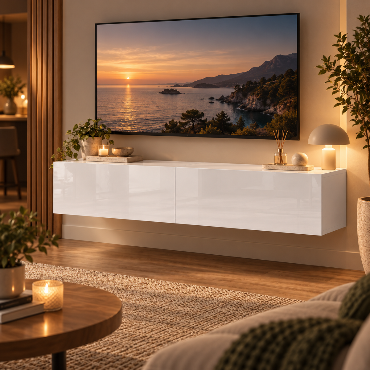 Meuble TV suspendu Lysen 140 cm blanc – 2 rangements à abattant