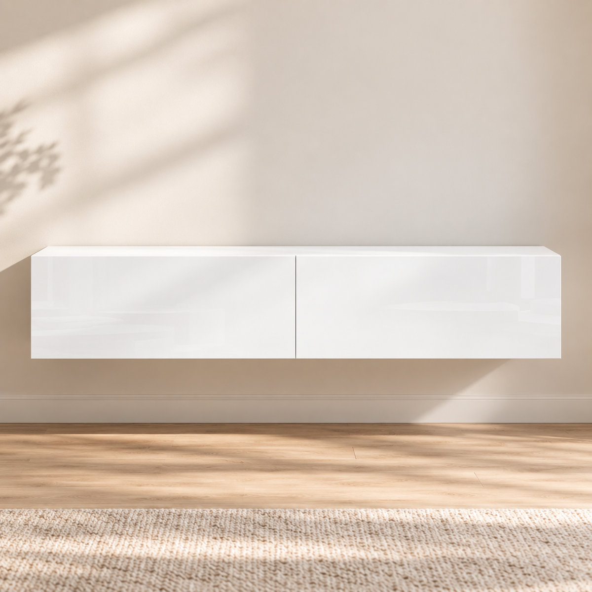 Meuble TV suspendu Lysen 140 cm blanc – 2 rangements à abattant