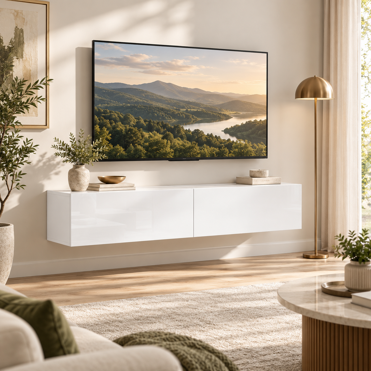 Meuble TV suspendu Lysen 140 cm blanc – 2 rangements à abattant