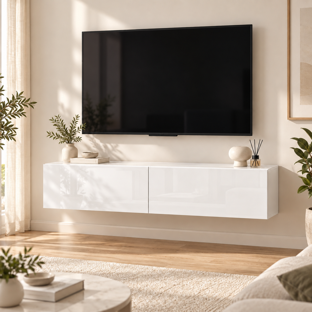 Meuble TV suspendu Lysen 140 cm blanc dans un salon lumineux