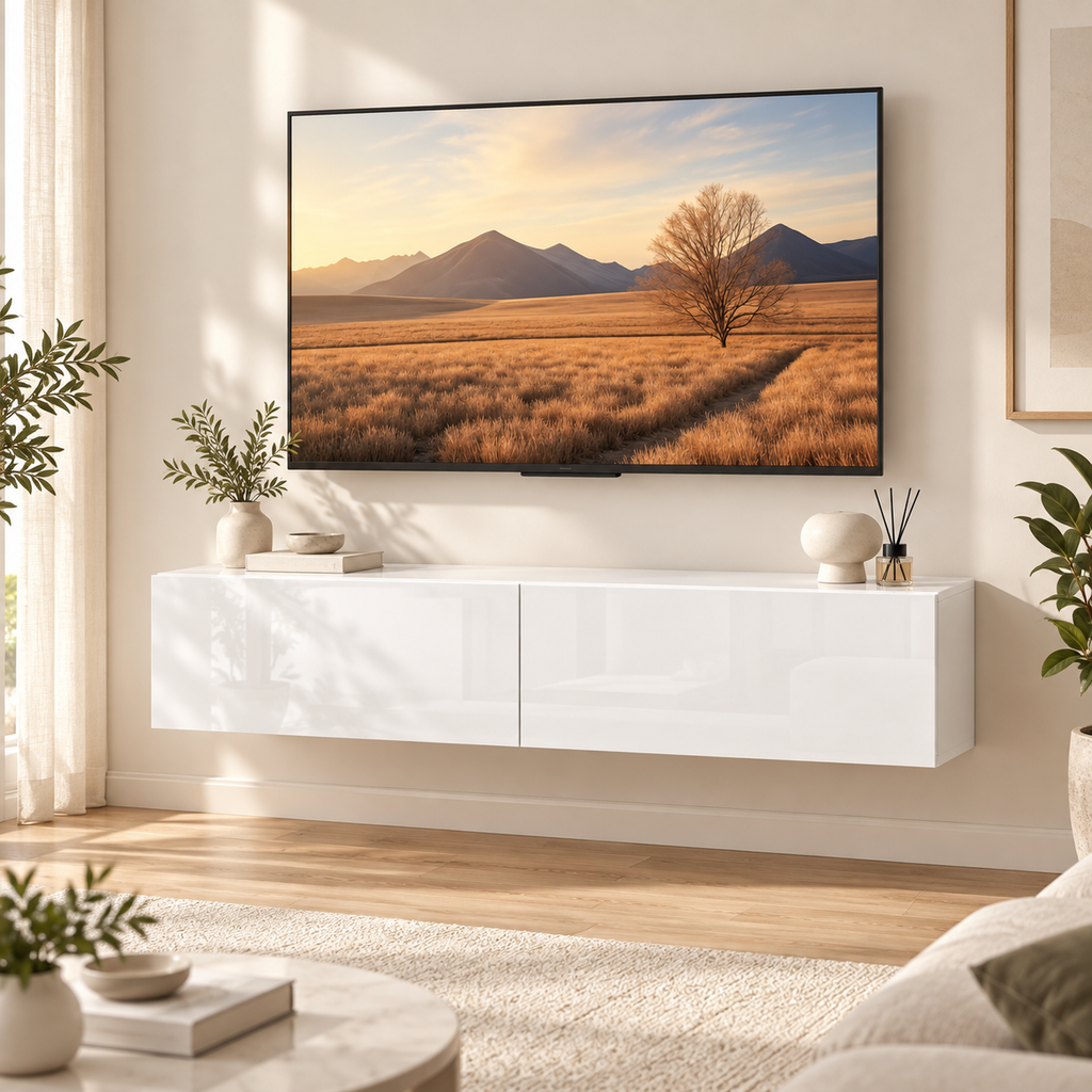 Meuble TV suspendu Lysen 140 cm blanc dans un salon lumineux