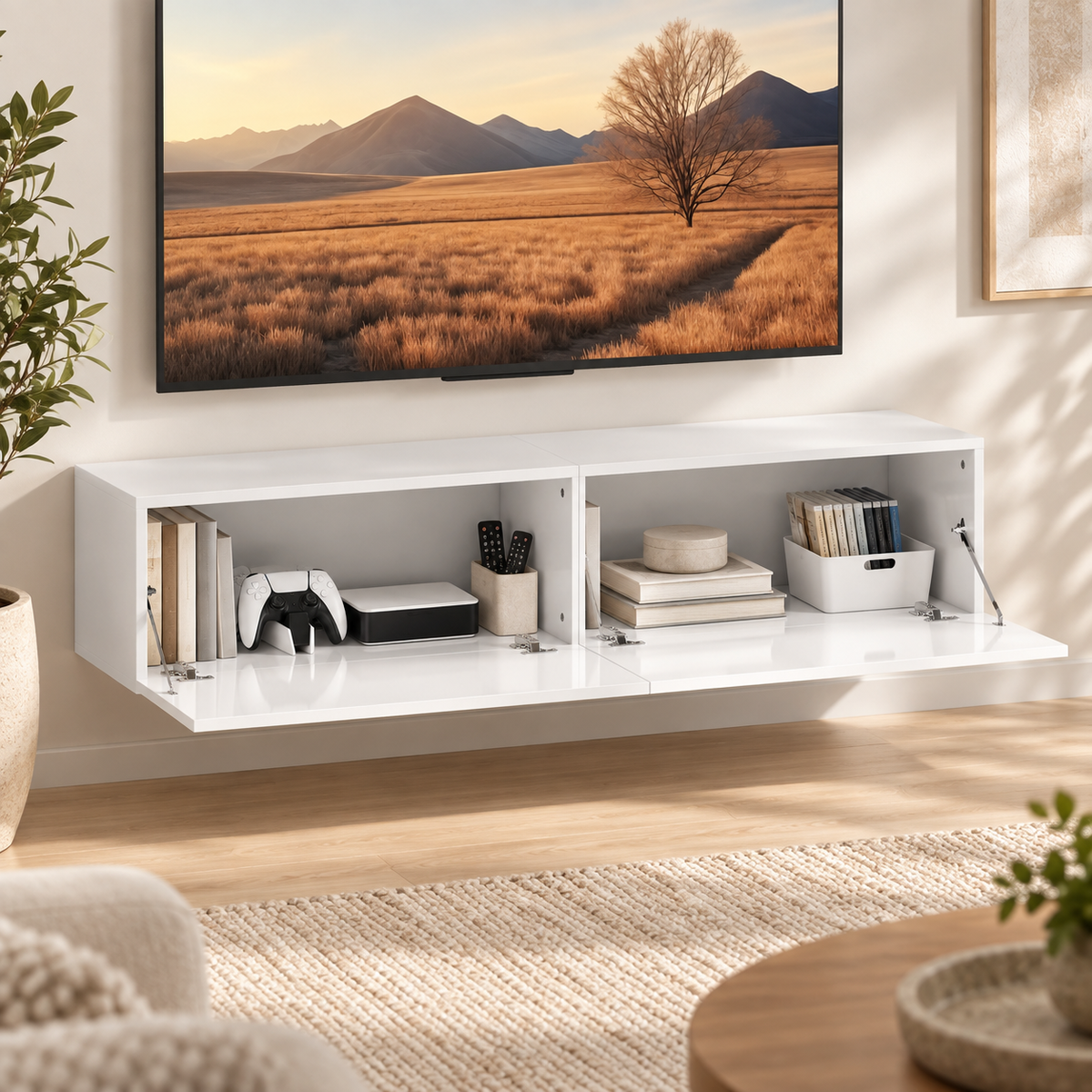 Deux rangements ouverts du meuble TV suspendu Lysen 140 cm