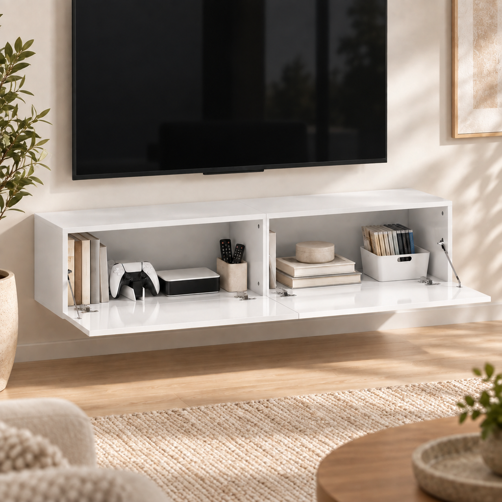 Deux rangements ouverts du meuble TV suspendu Lysen 140 cm