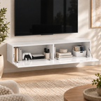 Deux rangements ouverts du meuble TV suspendu Lysen 140 cm