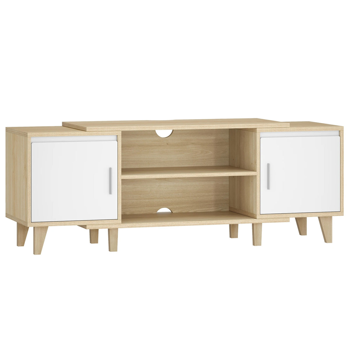 Meuble TV Svea 140 cm bois clair et blanc, vue de face sur fond blanc