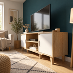Meuble TV Svea avec deux placards et niches centrales dans un salon scandinave
