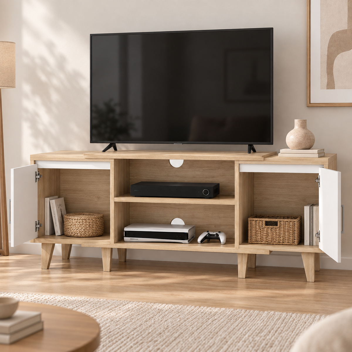 Rangements du meuble TV Svea avec portes ouvertes et équipements multimédias