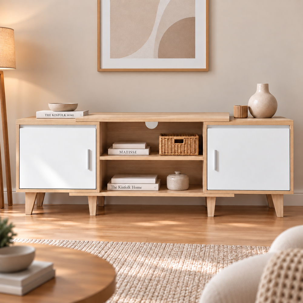 Meuble TV Svea bois clair et blanc avec téléviseur dans un salon lumineux
