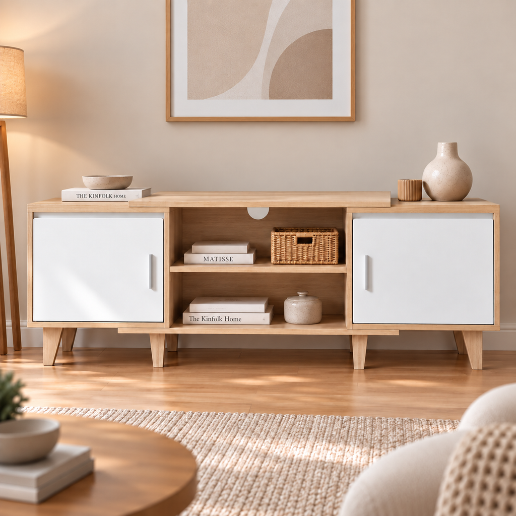 Meuble TV Svea bois clair et blanc avec téléviseur dans un salon lumineux