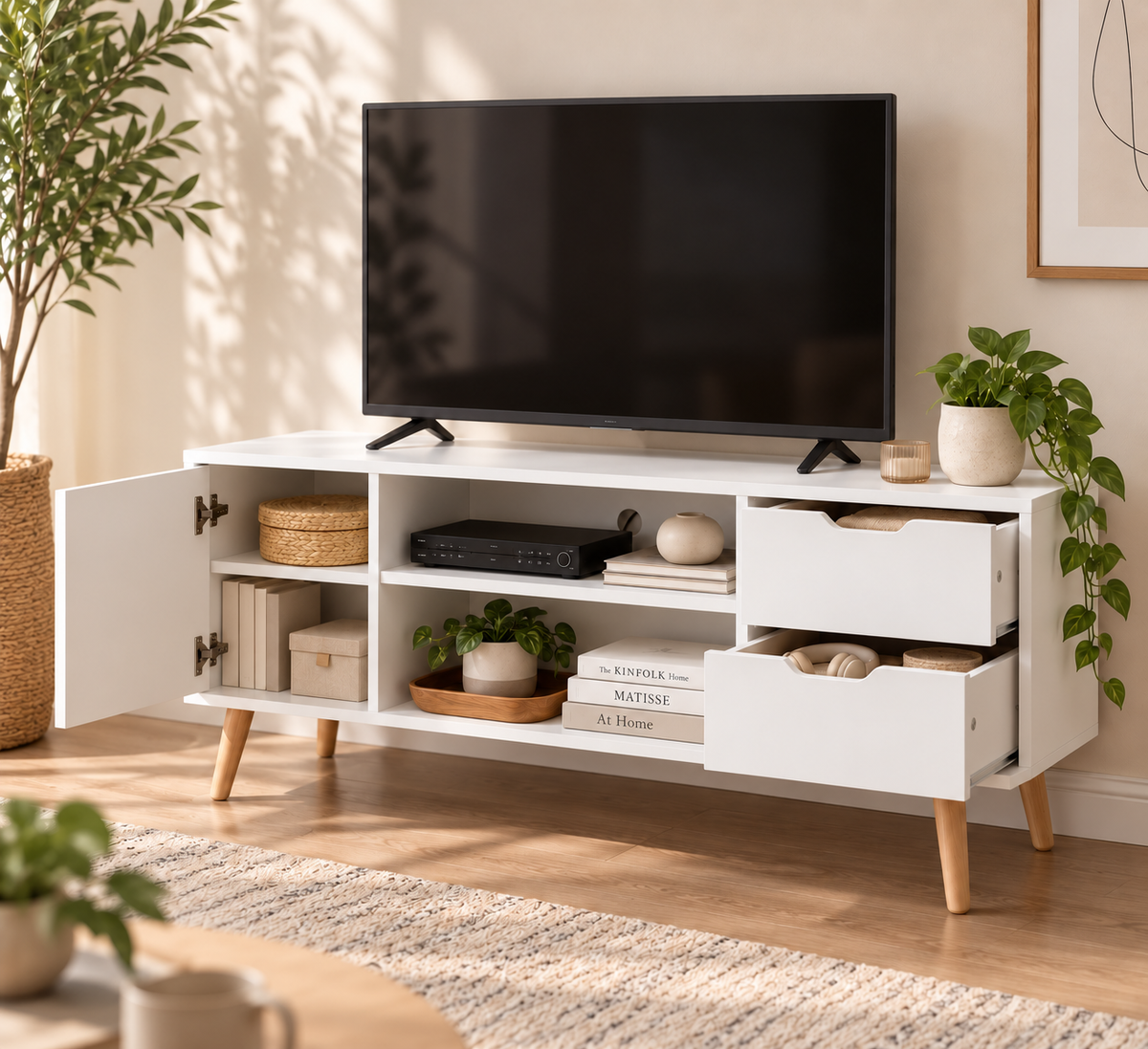 Meuble TV Svelen avec placard tiroirs et niches ouverts