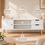 Placard niches et tiroirs du meuble TV Svelen organisés