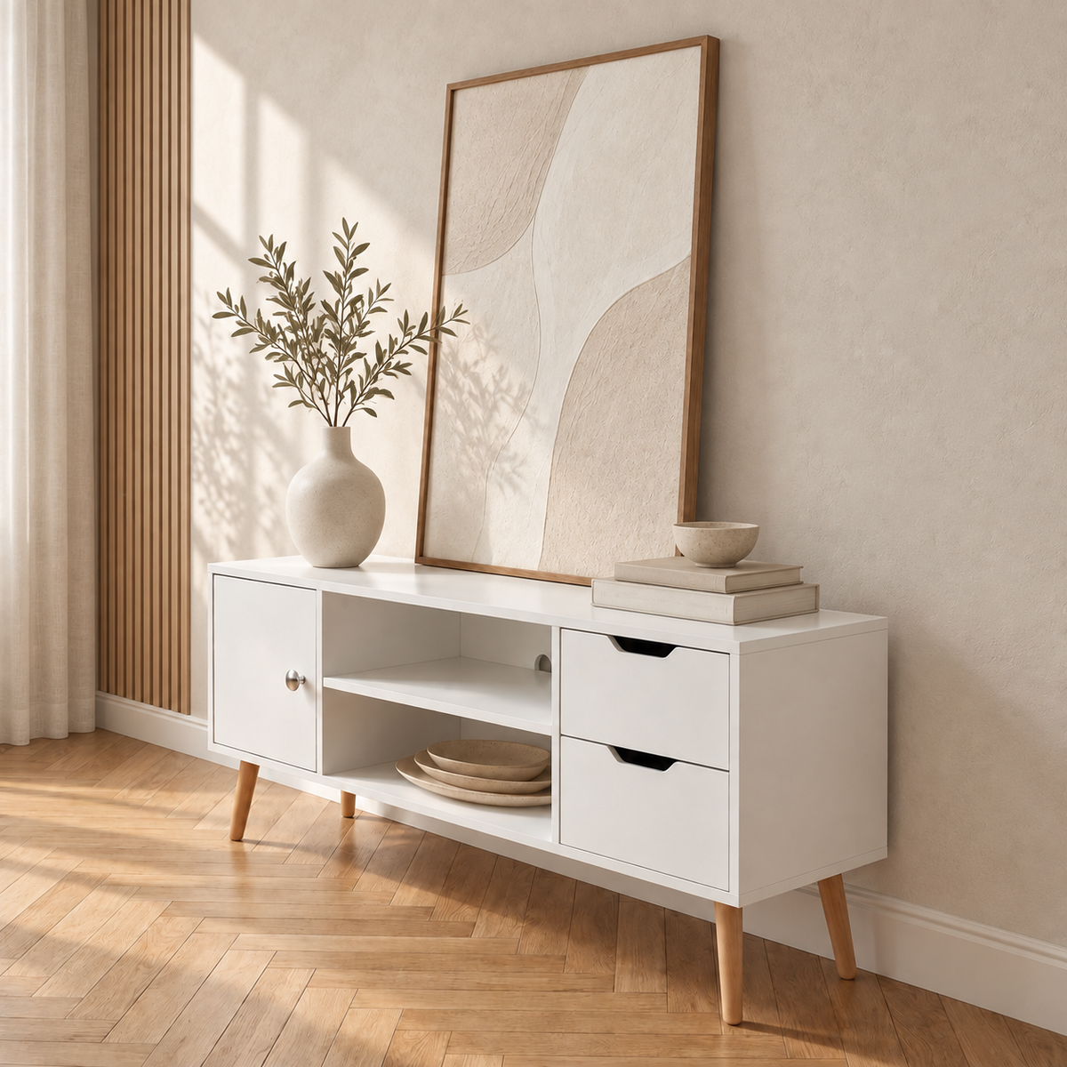 Meuble TV Svelen blanc et bois dans un salon scandinave