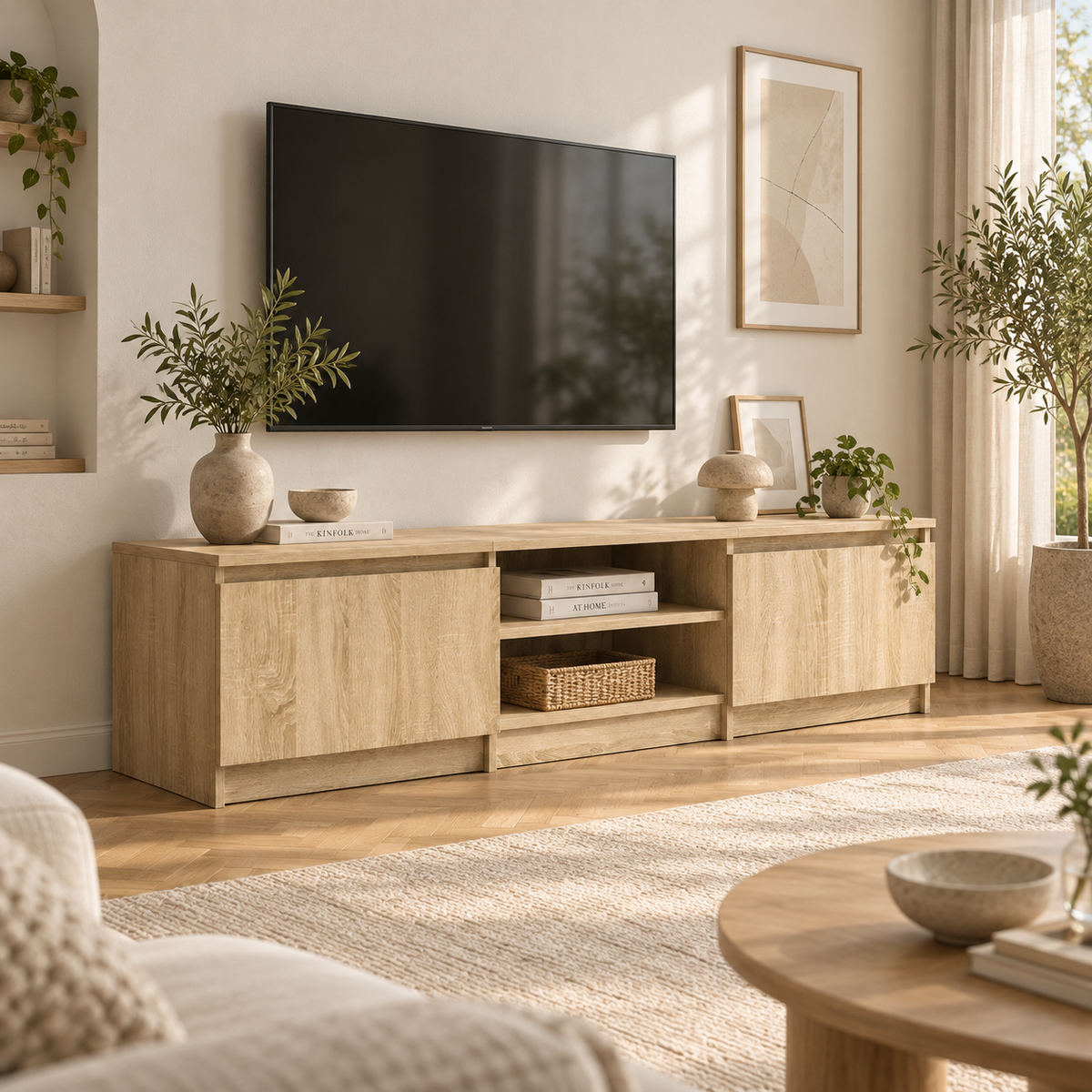 Meuble TV Viken en chêne Sonoma dans un salon moderne