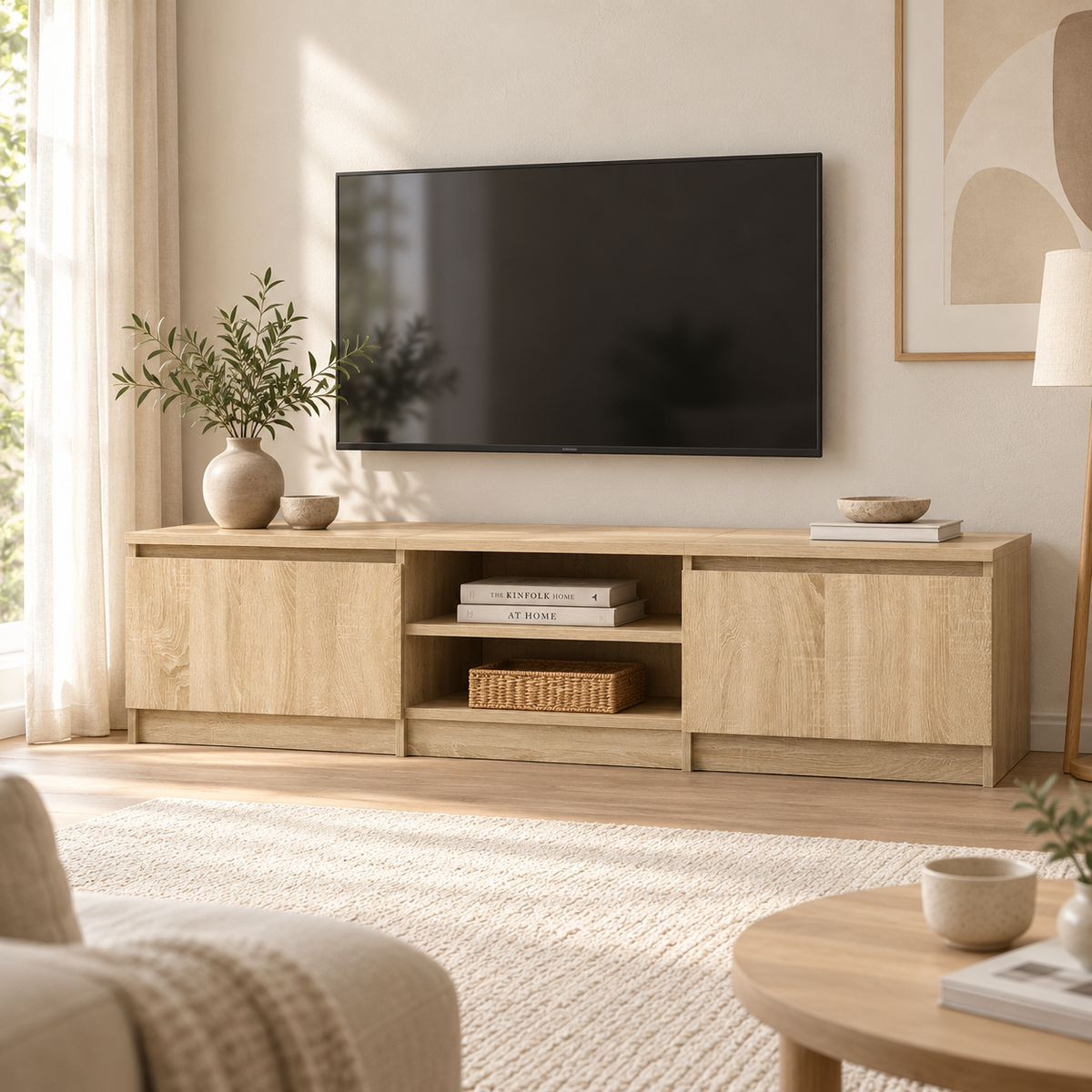 Meuble TV Viken en chêne Sonoma dans un salon chaleureux