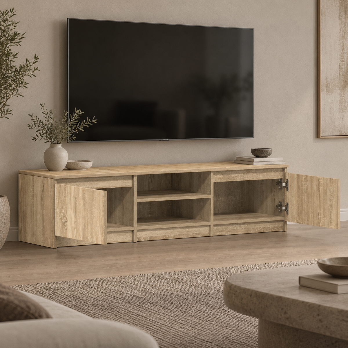 Meuble TV Viken avec rangements fermés ouverts et niches centrales