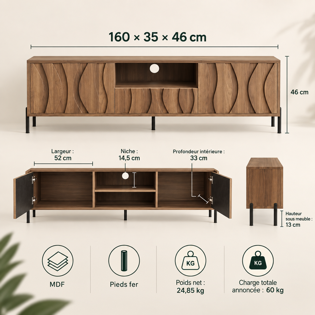 Dimensions du meuble TV Elvan 160 × 35 × 46 cm et caractéristiques principales