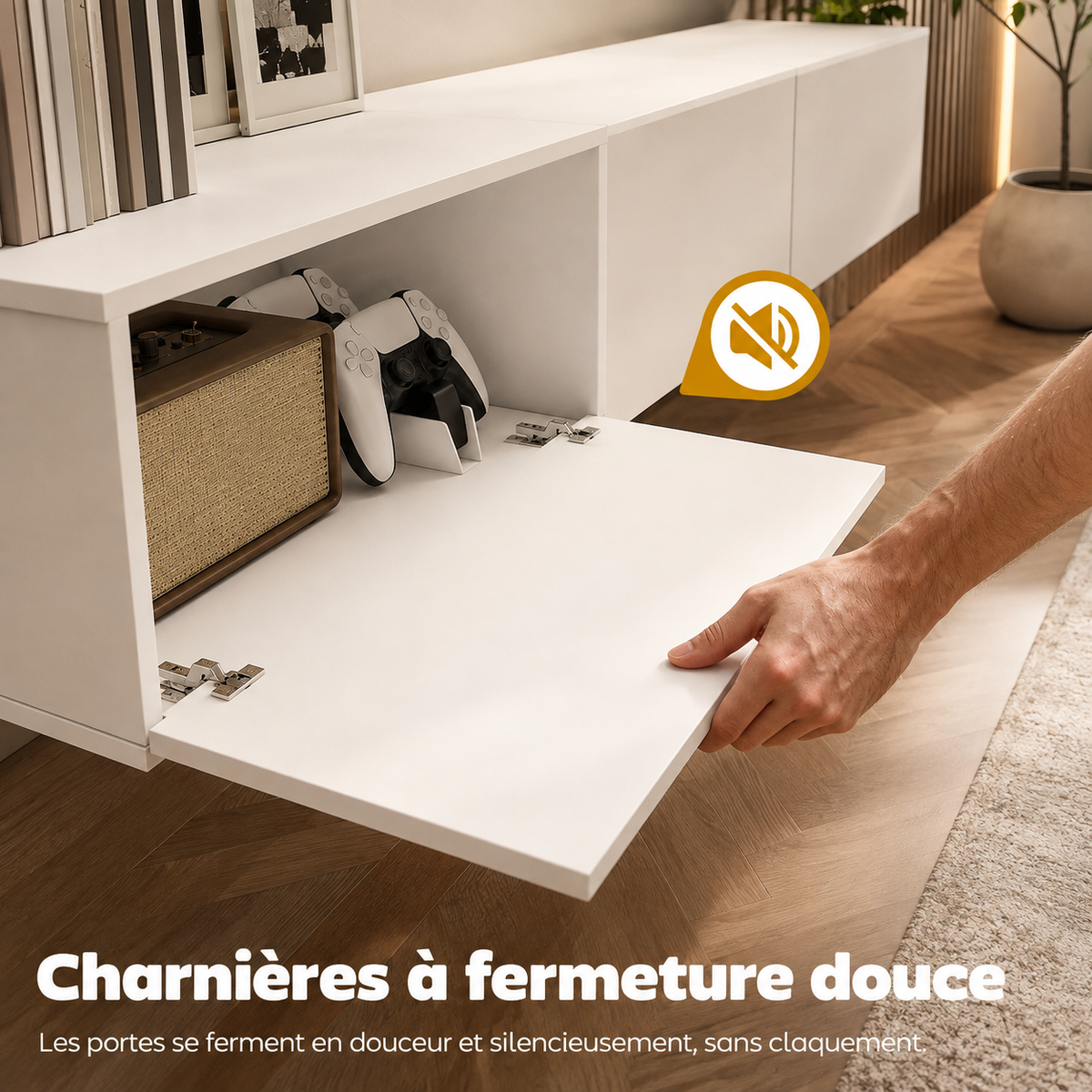 Détail d’une charnière à fermeture douce du meuble TV suspendu