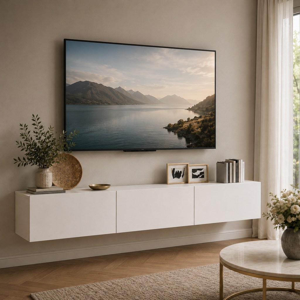Meuble TV mural blanc suspendu avec trois portes fermées